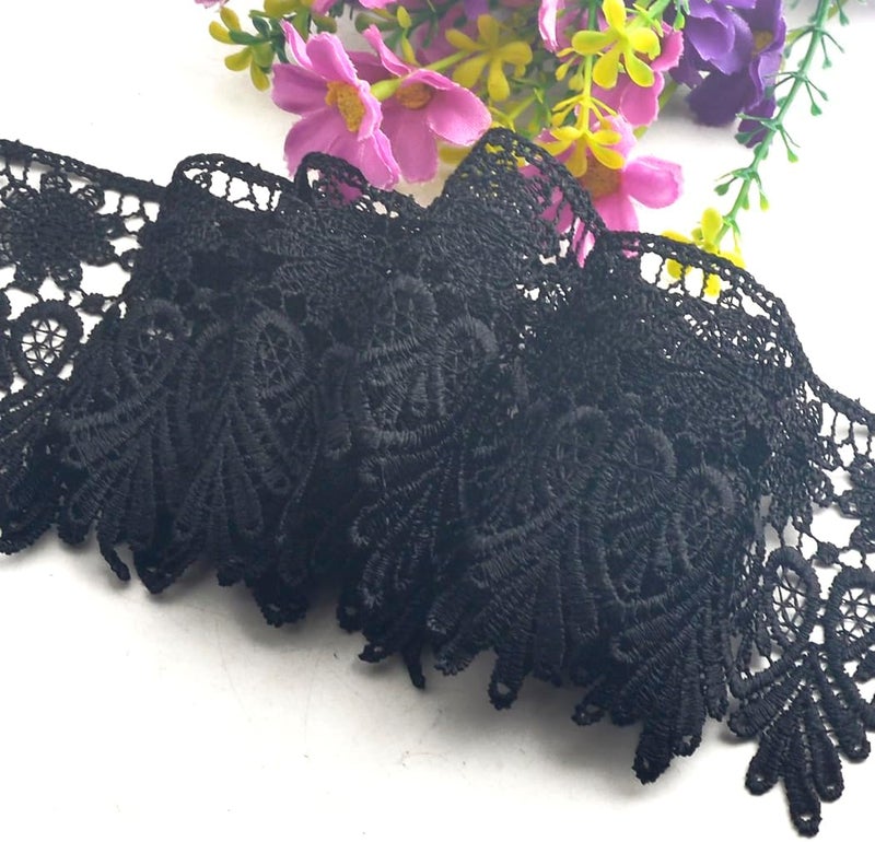 Kuasting 7.5 Yards Floral Lace Edge Trim 9CM Tassels Trim Width Europe Chips Pattern Inelastic Embroidery Lace for Sewing Making, DIY Crafts, Gift Wrapping, Wedding Decor (Black) - Image 2